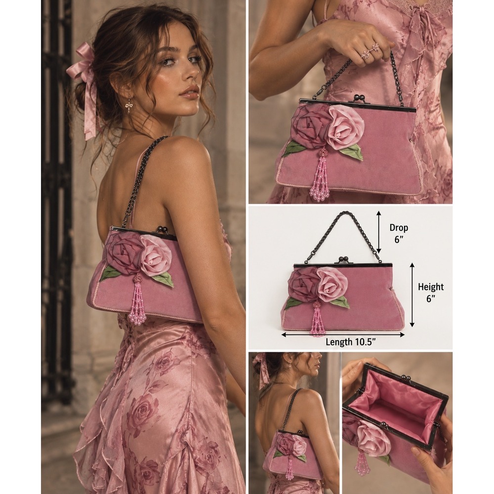 Y2K Pink Rosette Shoulder Bag Coquette Beaded Kiss Lock Evening Purse